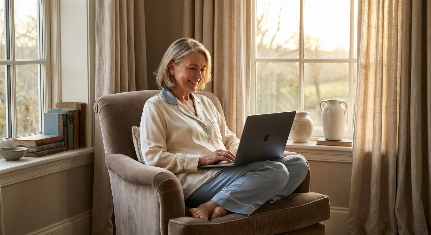 A senior woman in pajamas working on a laptop in a sunlit, cozy living room.
