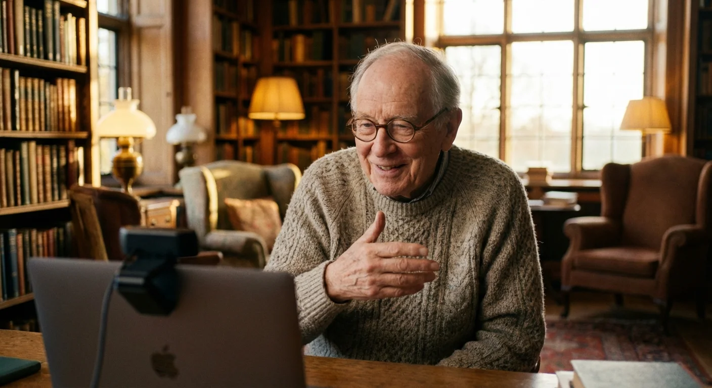 Senior man tutoring a student via laptop in a cozy, book-filled home library.