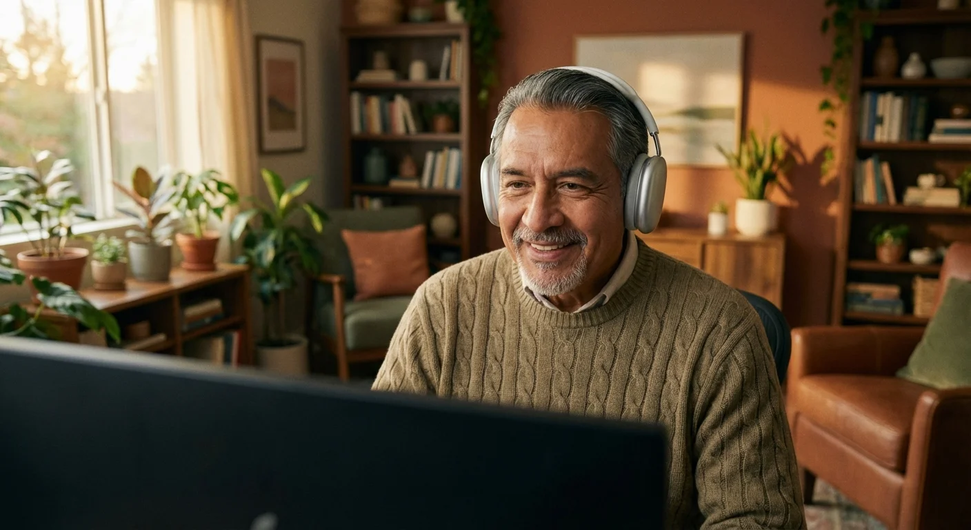 Senior man with a headset working as a customer service rep in a warm home office.