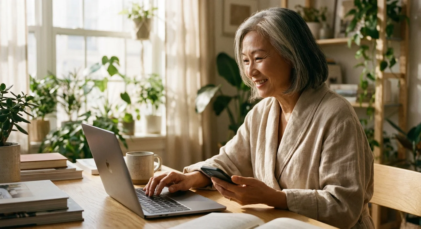 Senior woman managing social media on a laptop and phone in a bright home office.