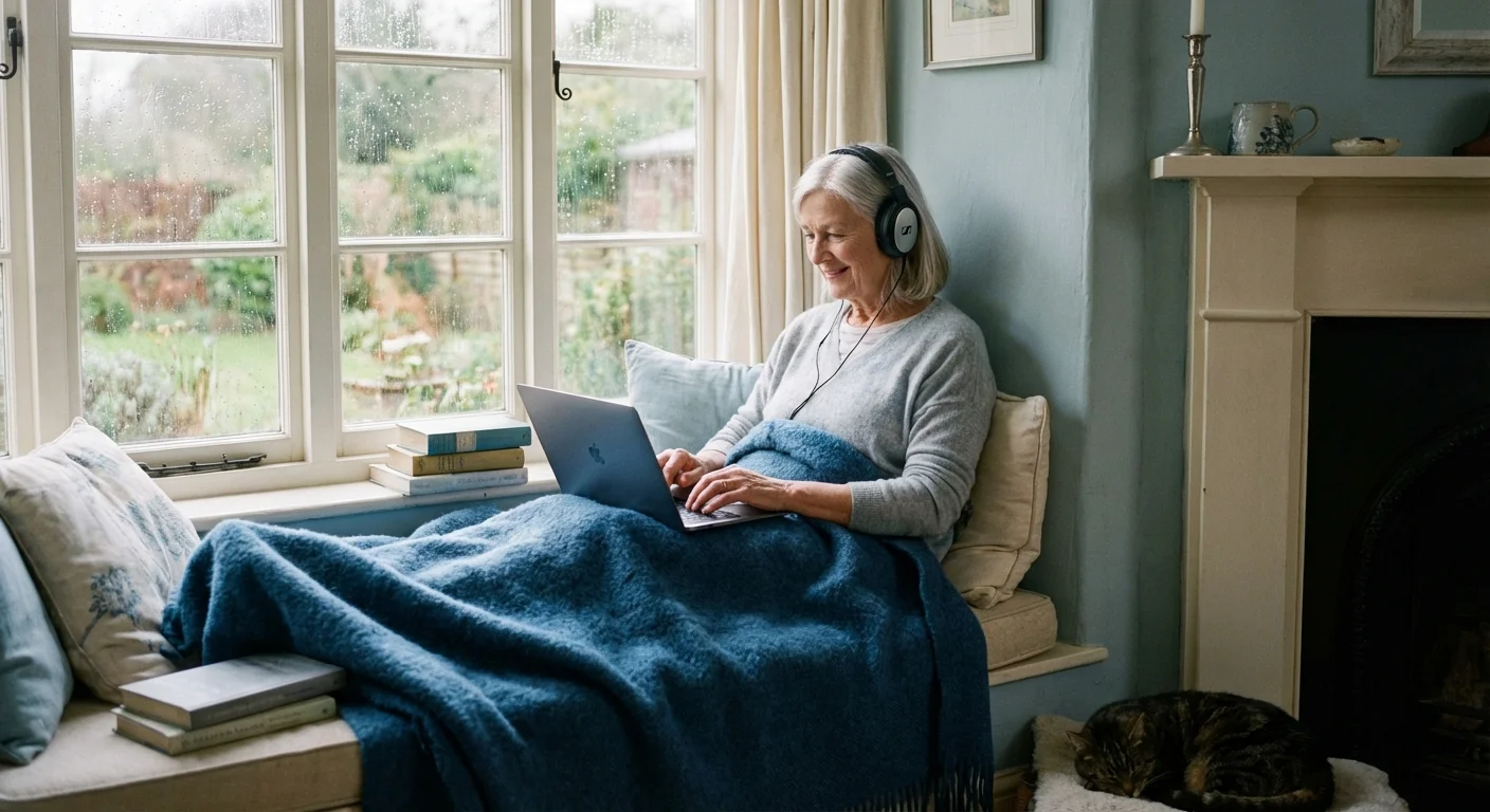 Senior woman with headphones typing on a laptop in a comfortable window seat.