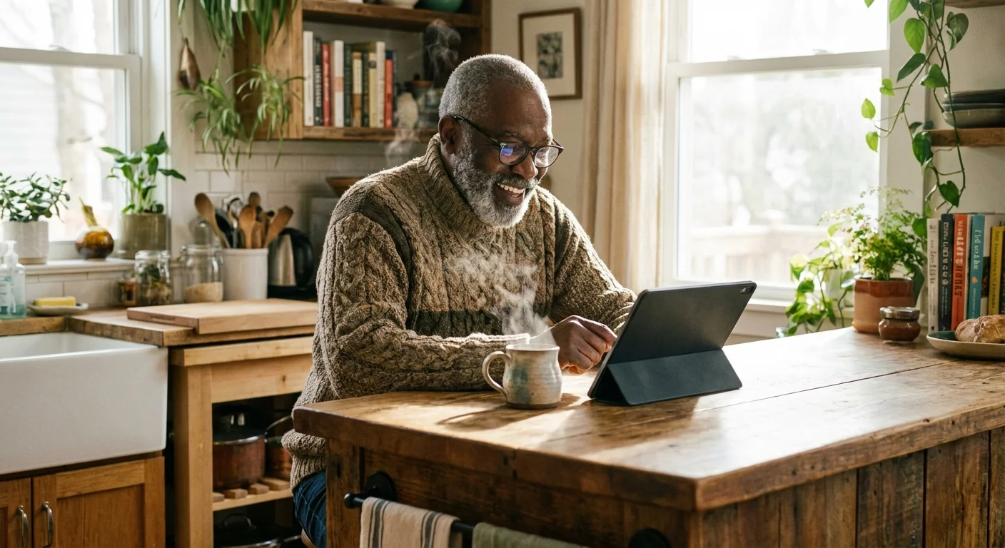 Smiling senior man looking at a digital tablet in a warm, bright kitchen.