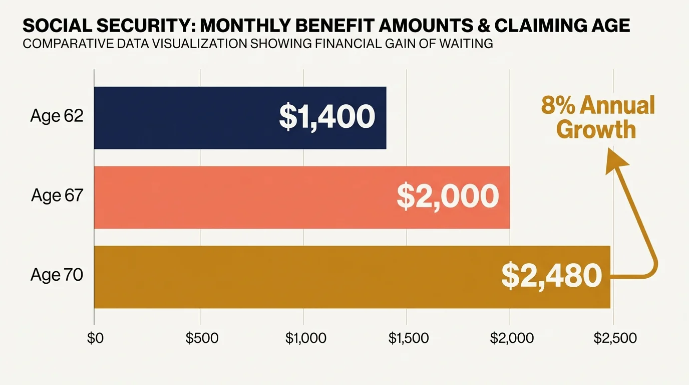 A bar chart showing Social Security benefits increasing from $1,400 at age 62 to $2,480 at age 70.