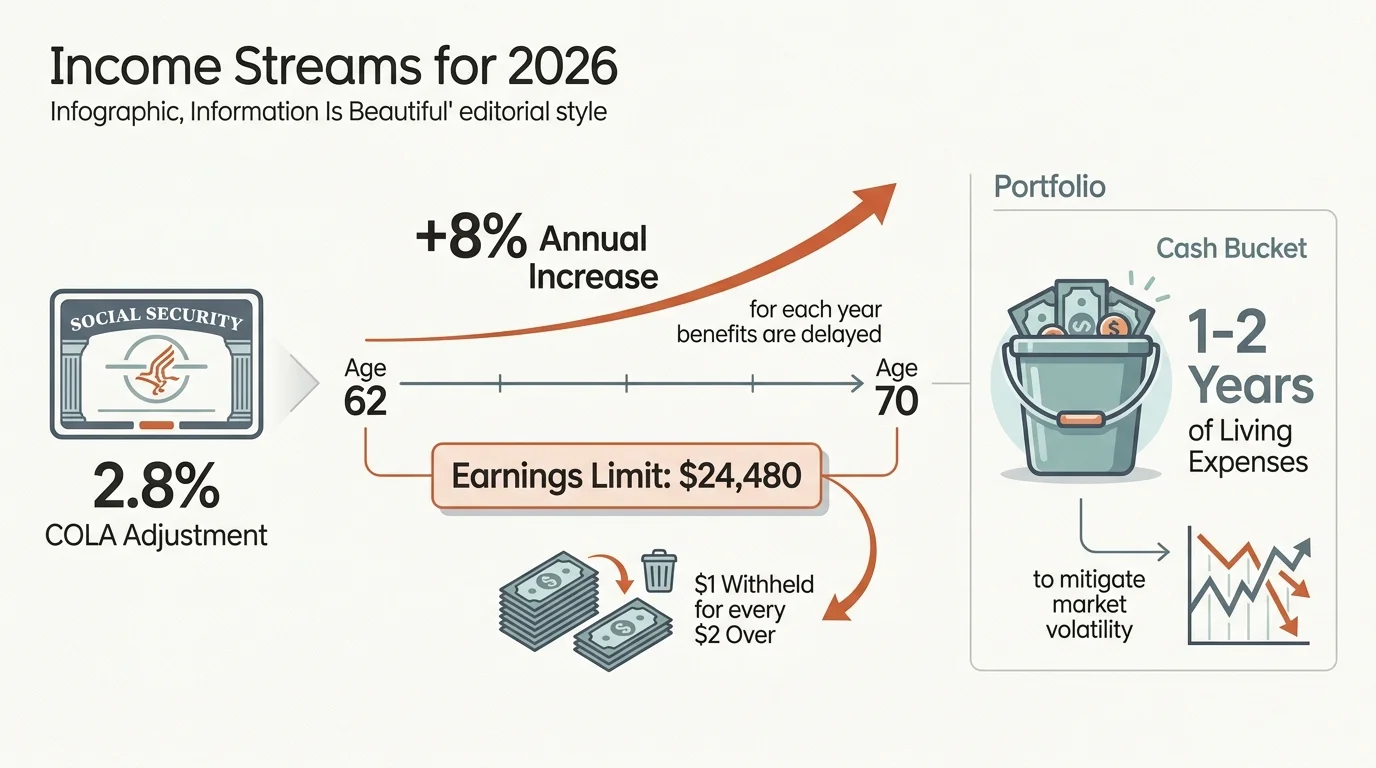 A clean infographic showing the 2.8% COLA adjustment, the $24,480 earnings limit, and the 8% benefit increase for waiting until age 70.