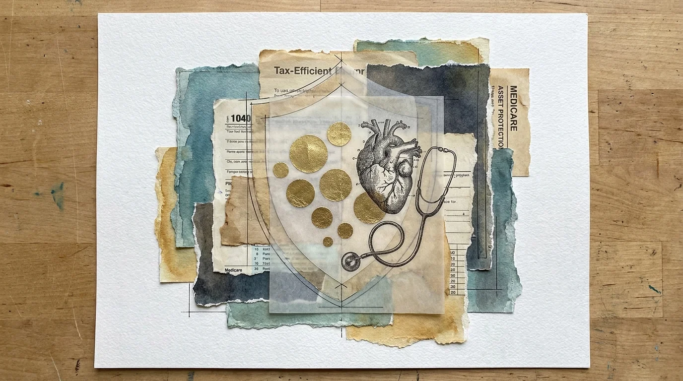 A conceptual collage featuring a protective shield over gold symbols, integrated with medical and tax document motifs.