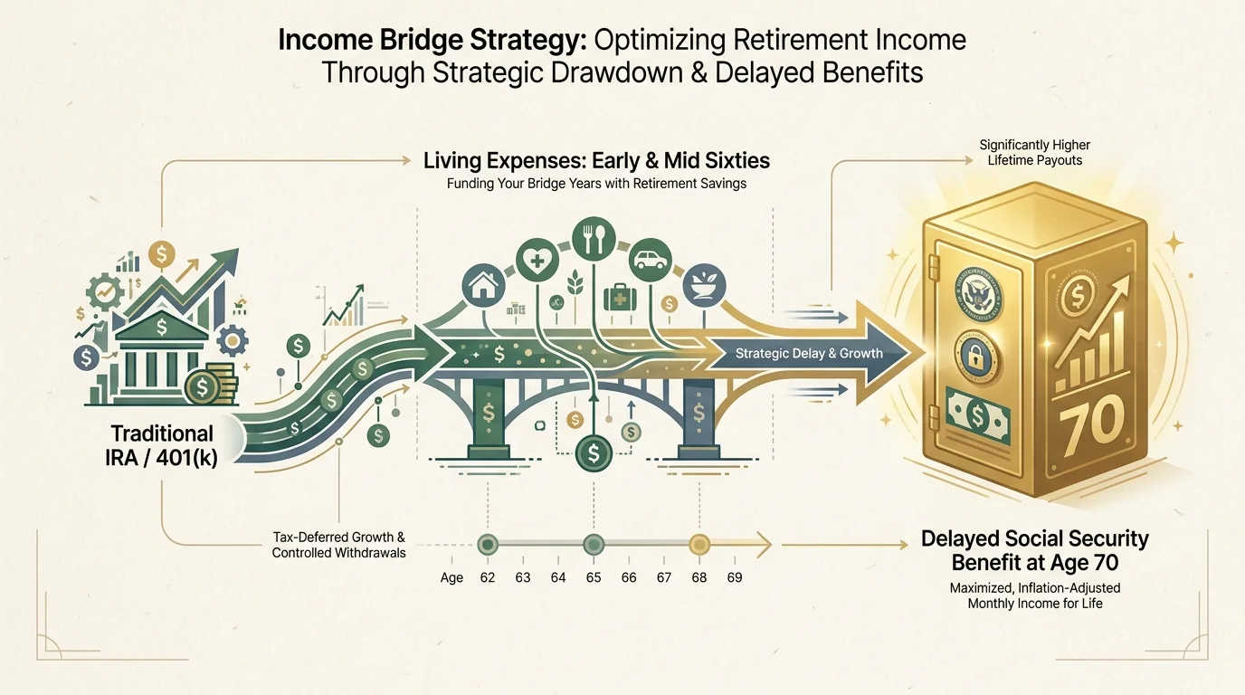 A diagram illustrating an income bridge strategy: using IRA funds to cover early retirement until Social Security starts at 70.