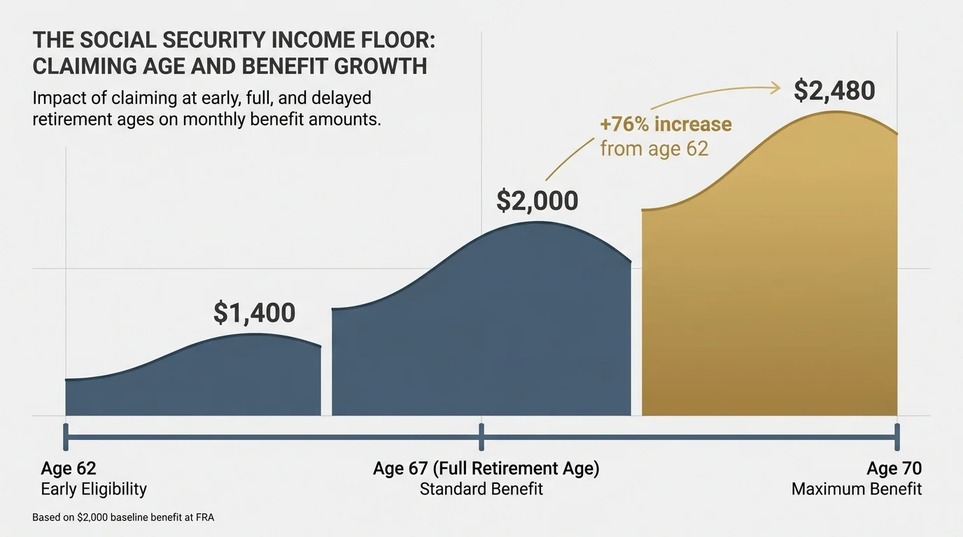 A horizontal bar chart showing how Social Security benefits increase from $1,400 at age 62 to $2,480 at age 70.