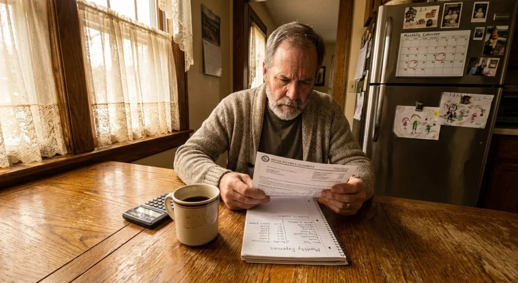 A man at his kitchen table reviewing Social Security documents and a calculator in the afternoon sun.