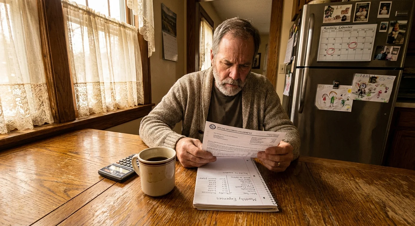 A man at his kitchen table reviewing Social Security documents and a calculator in the afternoon sun.
