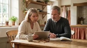 A mature couple in casual clothing sits at a sunlit kitchen table, thoughtfully reviewing retirement plans on a tablet and notebook.