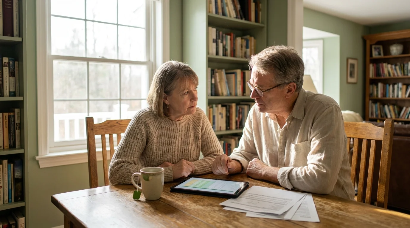 A senior couple sits at a wooden table reviewing financial documents together in a sunlit home library.