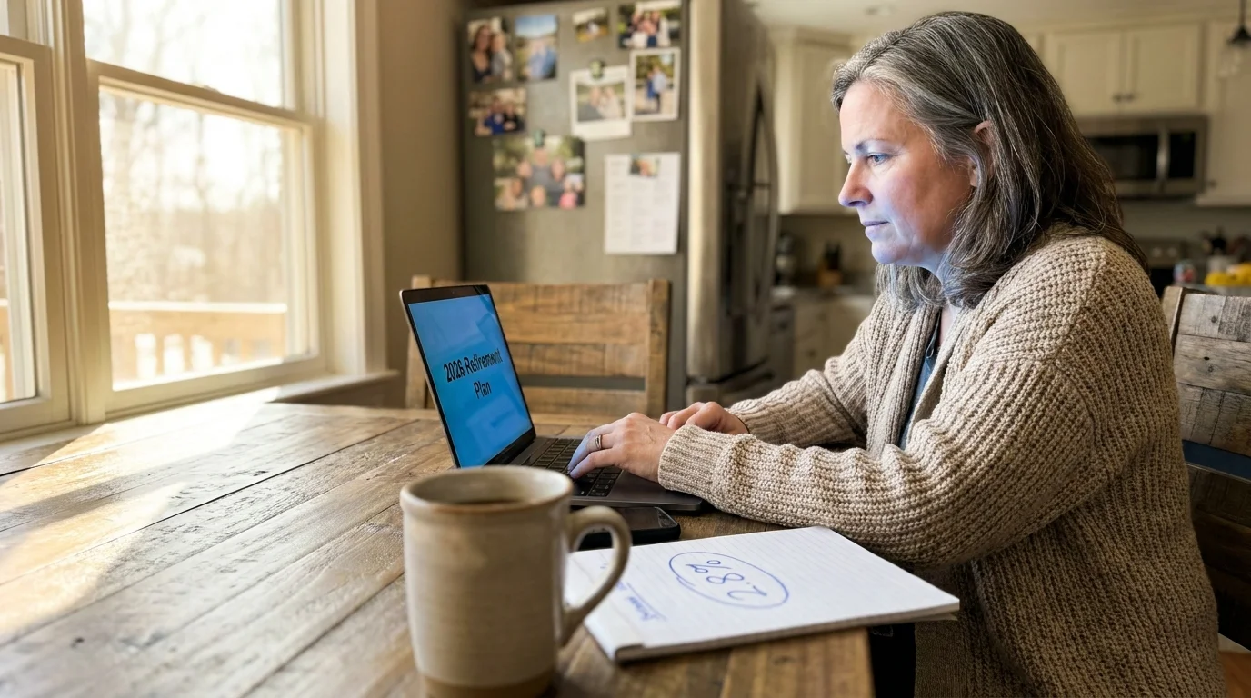 A senior woman in a cardigan sits at her kitchen table looking at a laptop screen titled 2026 Retirement Plan in soft morning light.