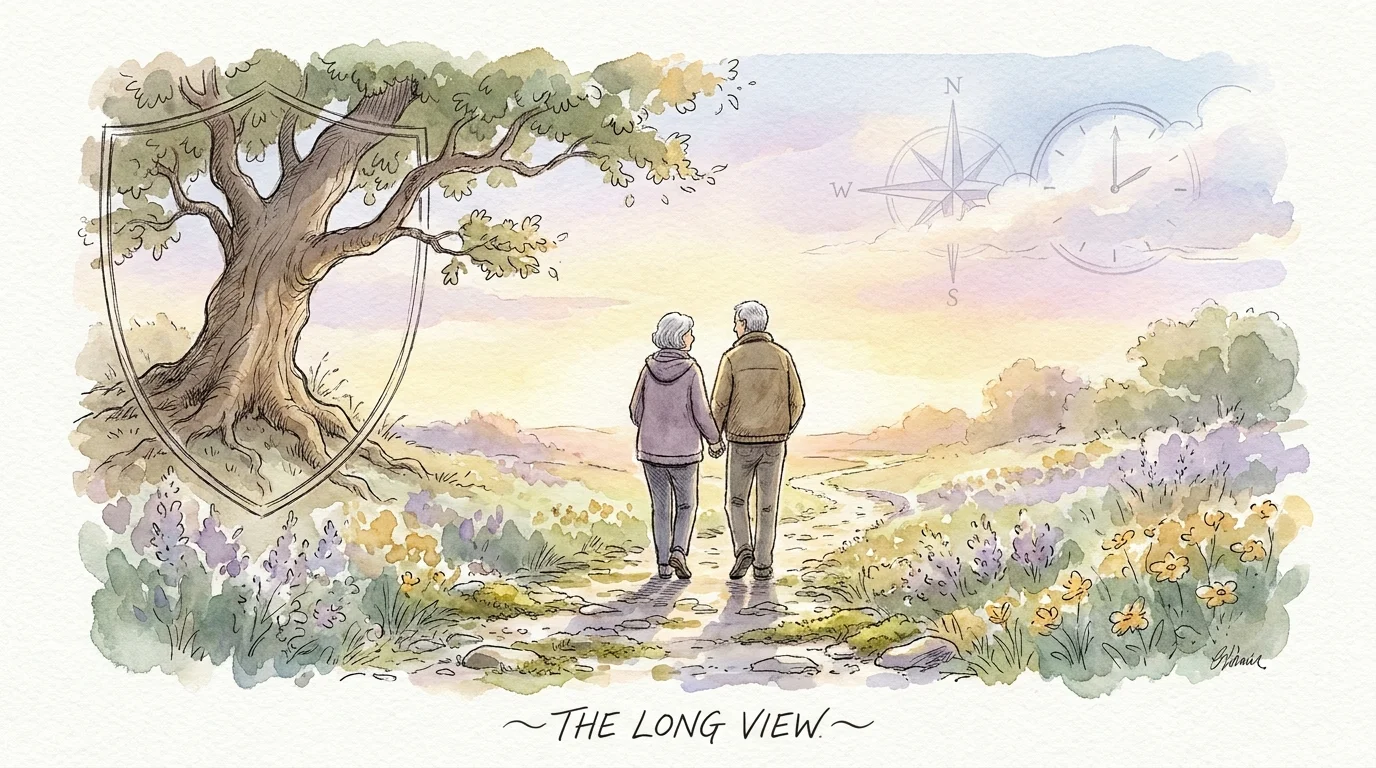 A soft watercolor illustration of an older couple walking together into a peaceful, sunlit garden landscape.