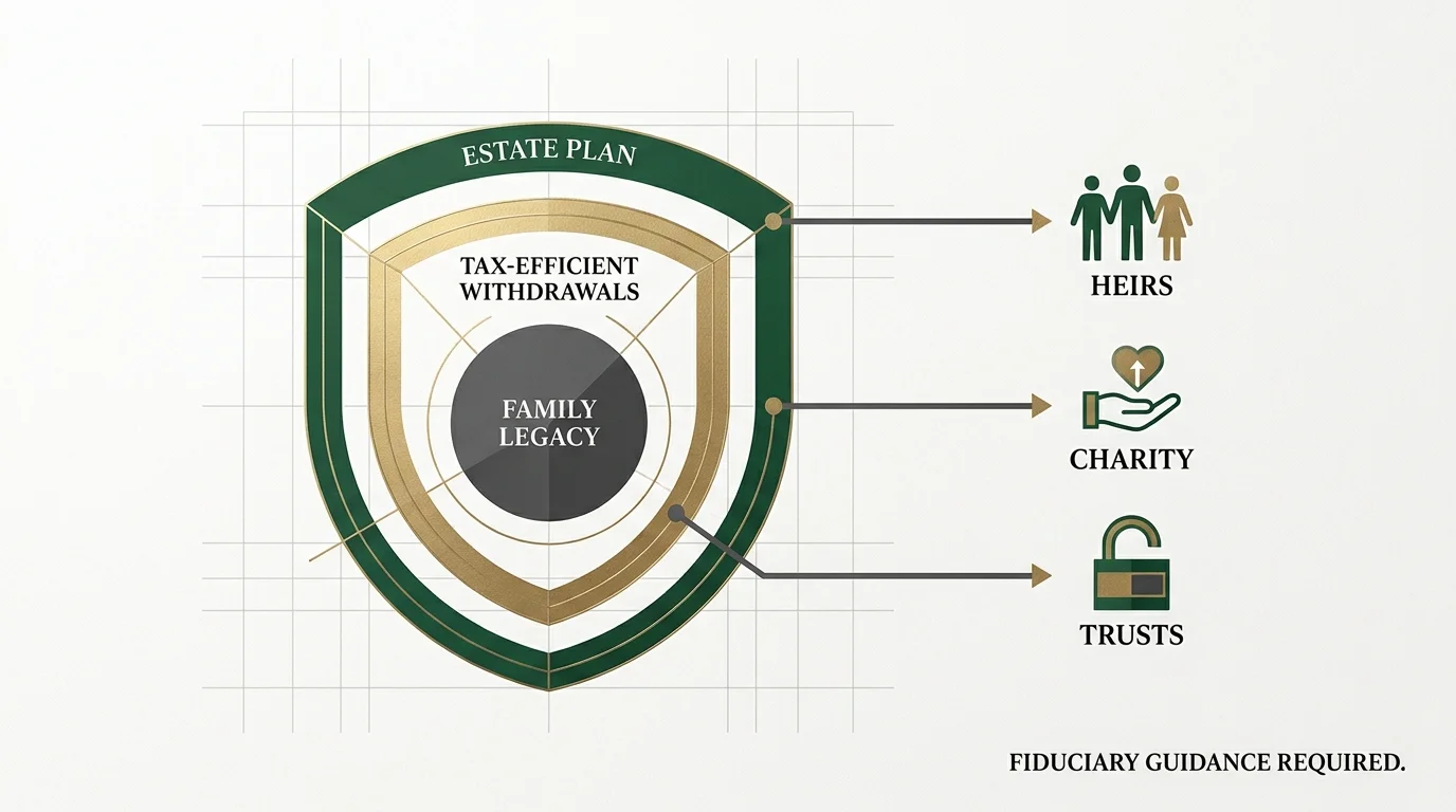 A structural diagram showing a shield representing estate planning and tax efficiency protecting a family legacy.