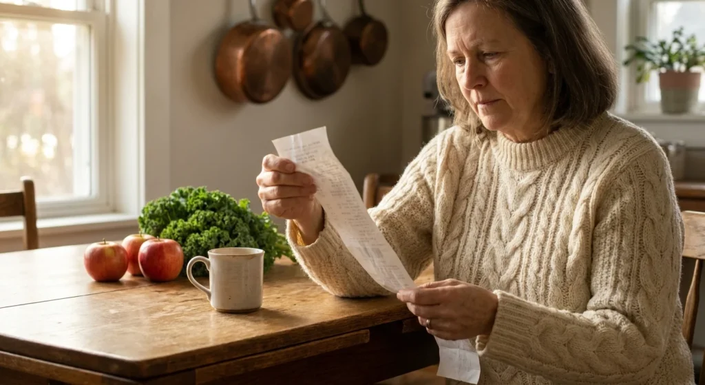 A woman in her 60s at a kitchen table examines a grocery receipt, symbolizing the impact of inflation on daily costs.