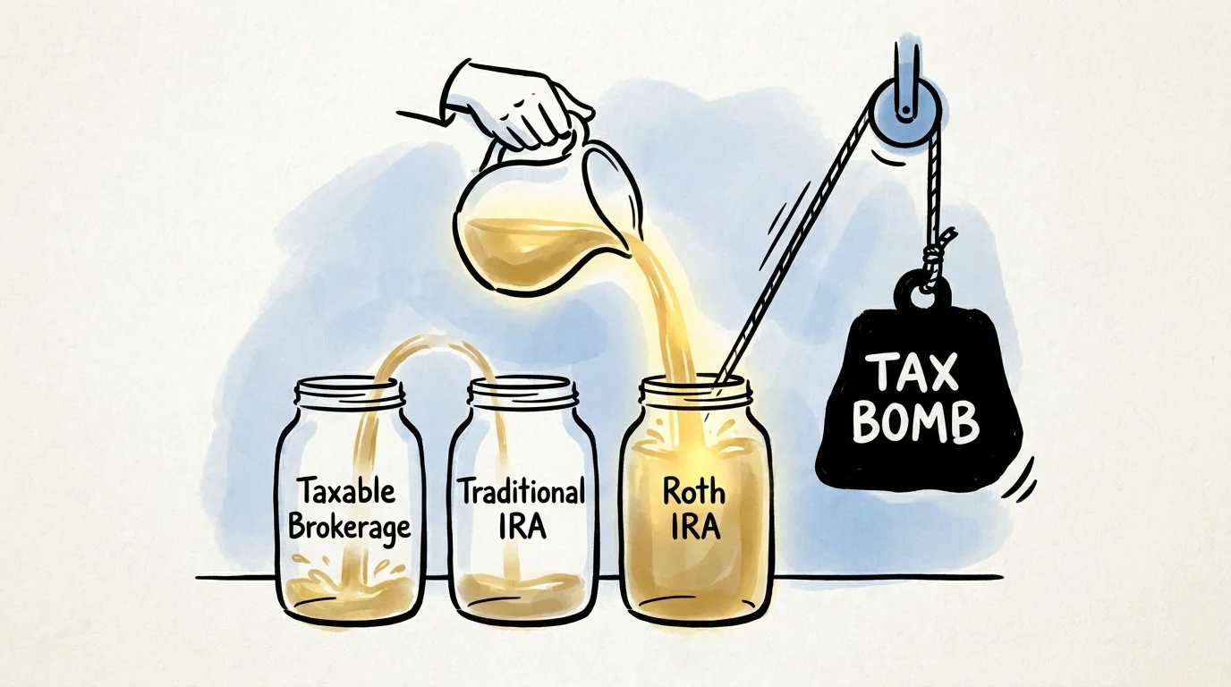 An editorial illustration showing a strategic flow of money into different tax-advantaged accounts to avoid a tax bomb.