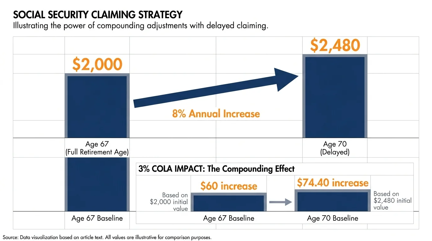 An infographic comparing Social Security benefits at age 67 ($2,000) versus age 70 ($2,480) with COLA adjustments.