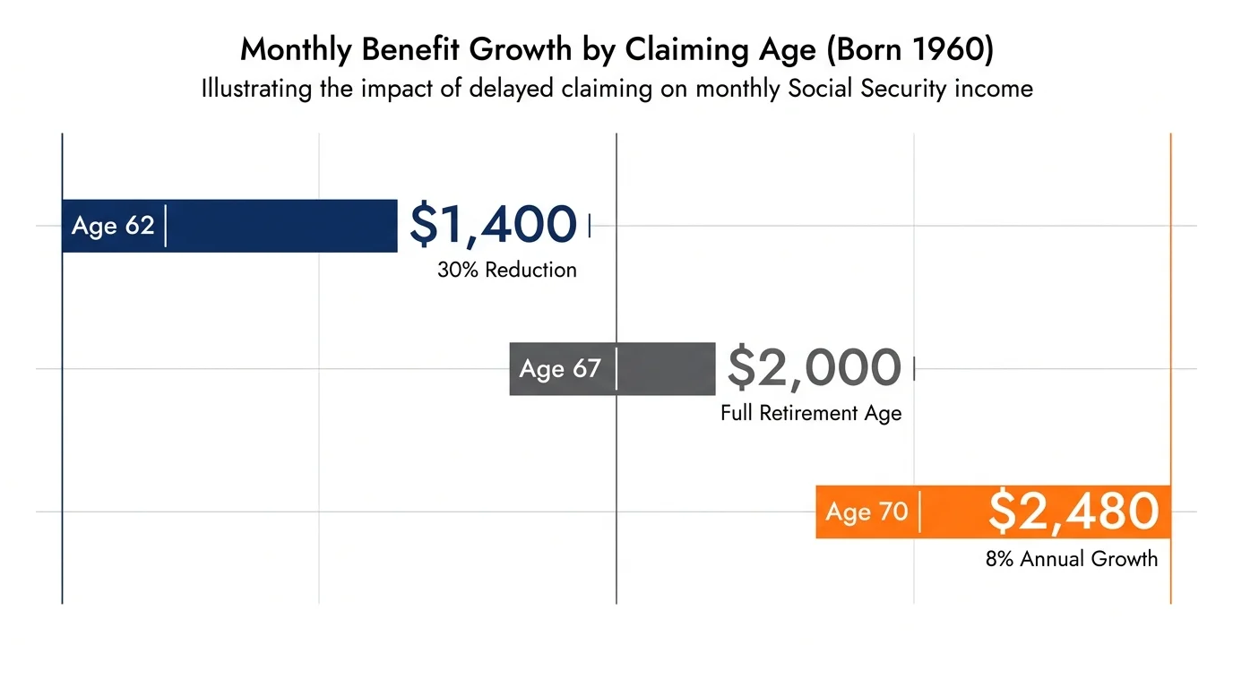 An infographic showing Social Security benefits: $1,400 at age 62, $2,000 at age 67, and $2,480 at age 70.