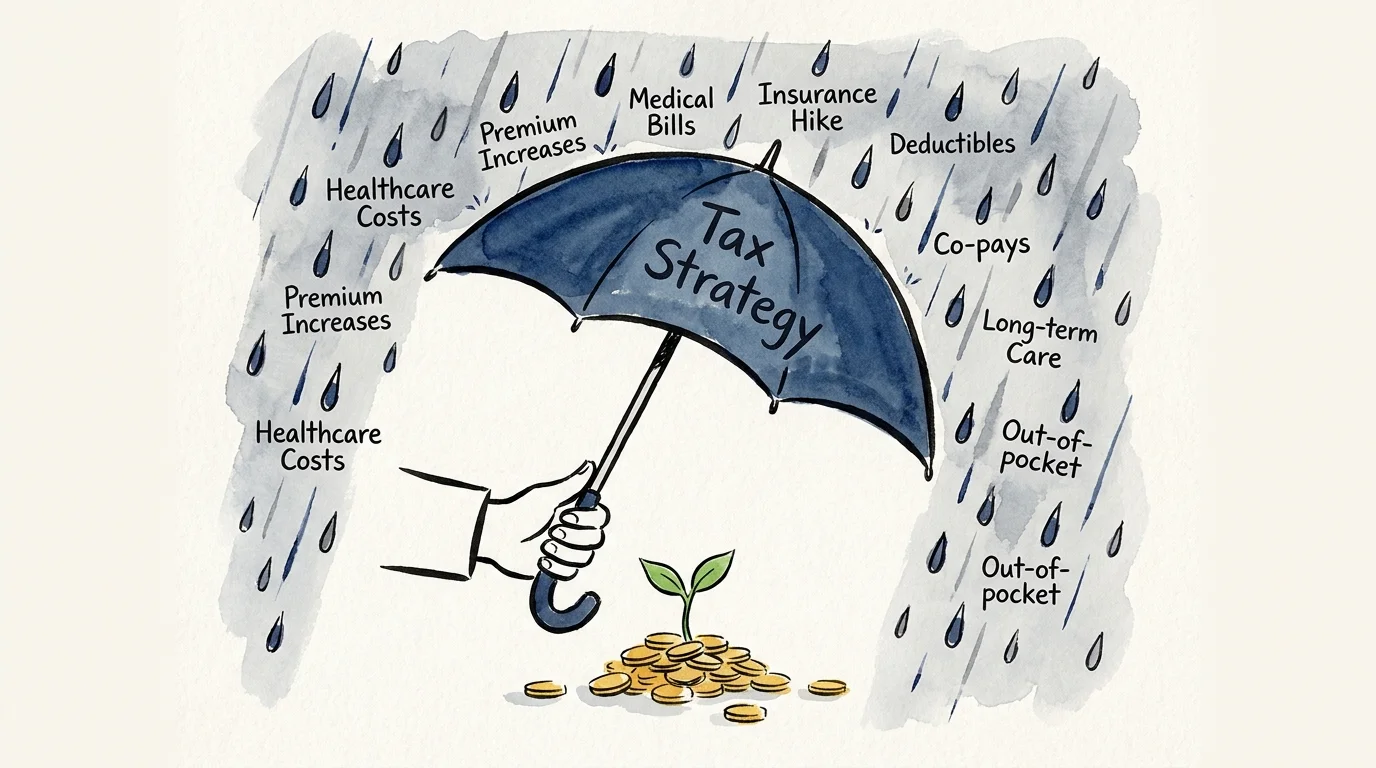 An ink illustration of an umbrella labeled Tax Strategy protecting retirement savings from raindrops labeled Healthcare Costs.