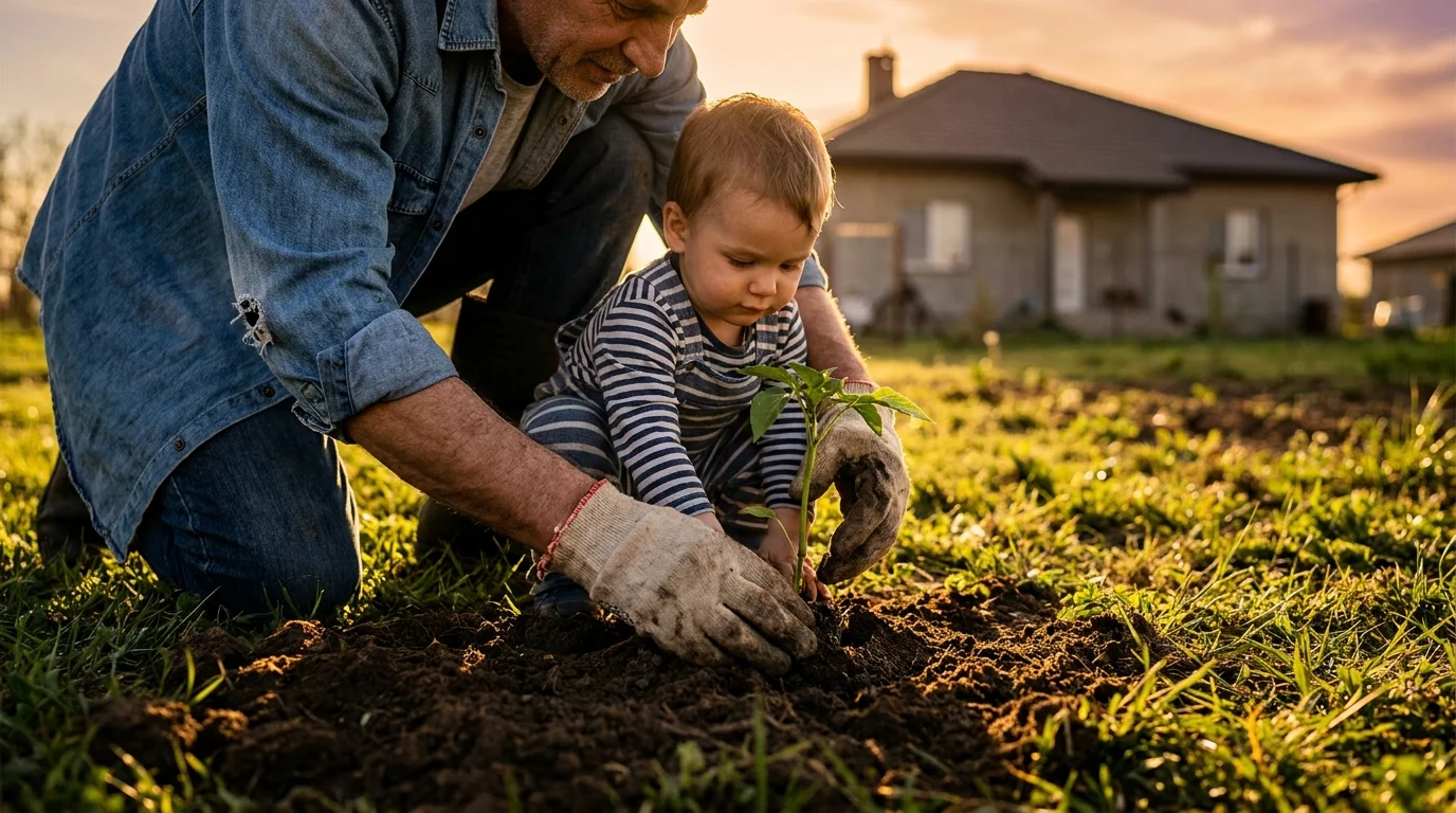 An older man and a young child plant a tree together in a sunlit backyard, representing the concept of legacy and family wealth.