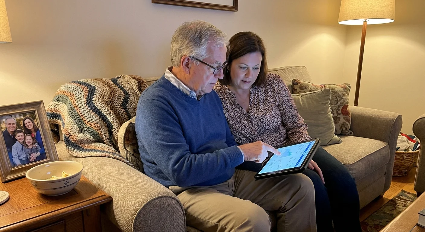 An older man and his daughter look at a tablet together in a warm living room, discussing legacy and financial protection.