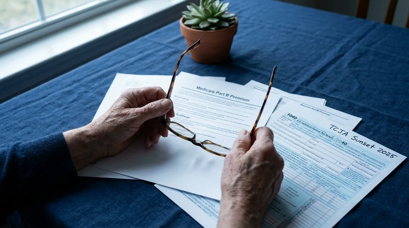 Close-up of a senior's hands holding reading glasses over Medicare and tax documents on a blue tablecloth.