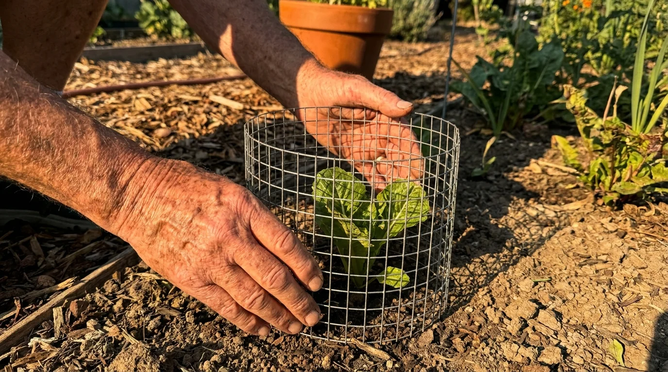 Close-up of a senior's hands placing a protective wire cage around a small plant in a garden.