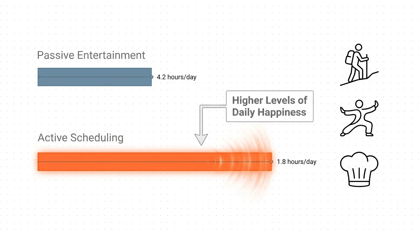 A bar chart comparing higher happiness levels in retirees who schedule active hobbies versus passive entertainment.