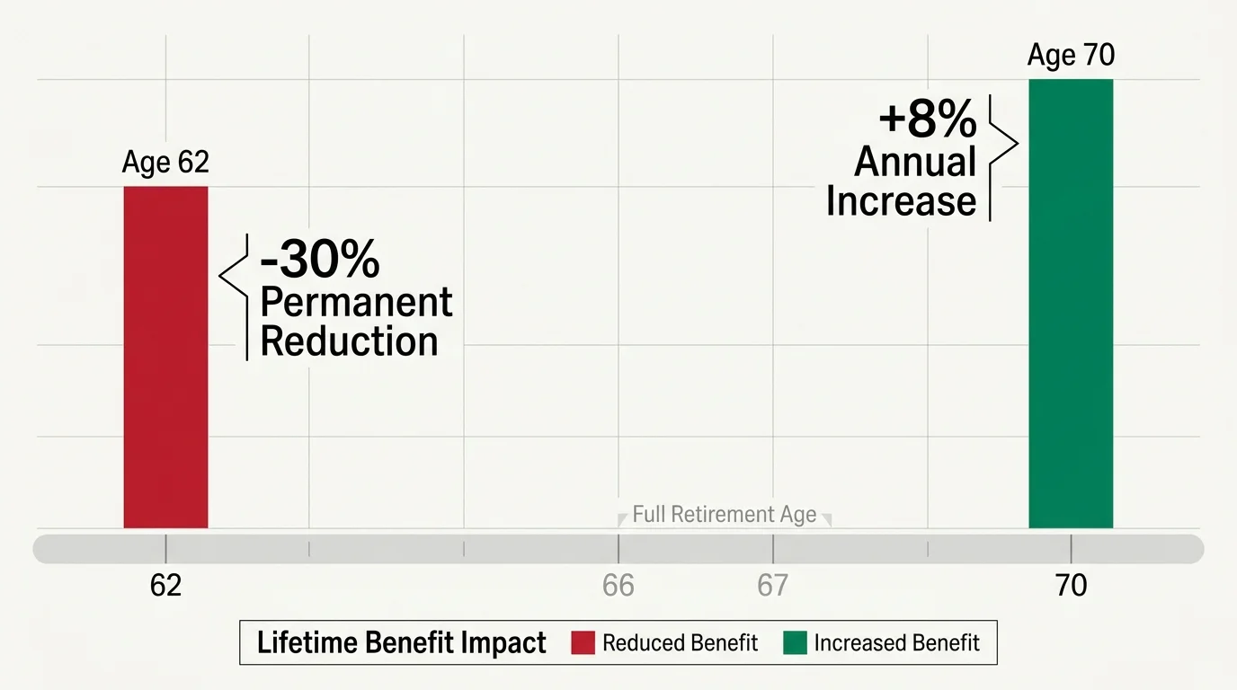 A bar chart comparing the 30 percent reduction at age 62 versus the 8 percent annual increase at age 70.