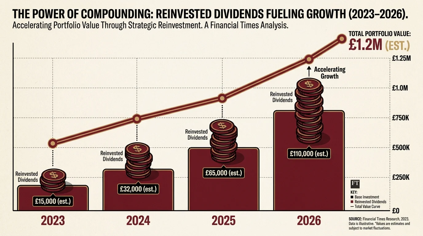 A bar chart showing the growth of a portfolio through reinvested dividends over several years.