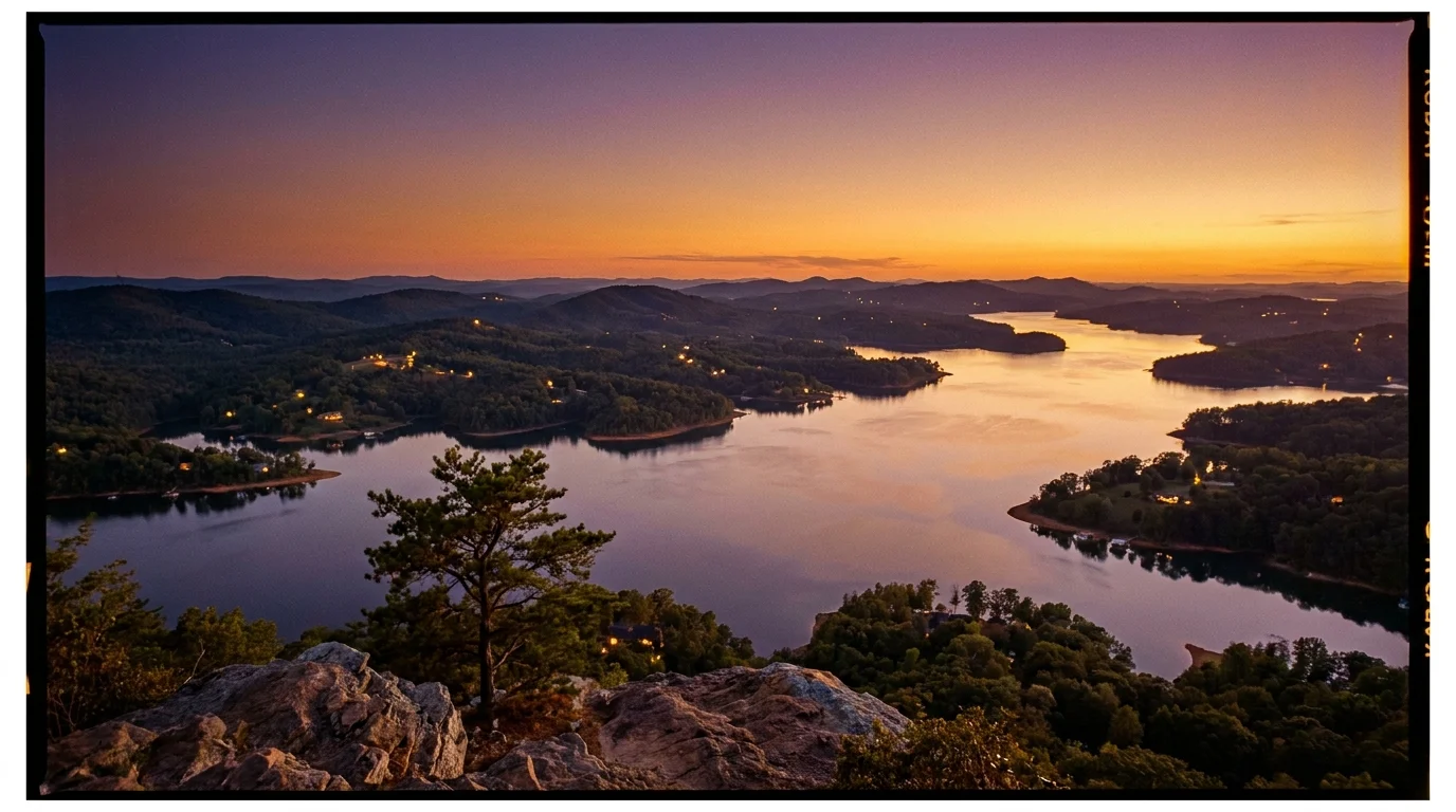 A beautiful panoramic sunset view of a large lake with forested hills and distant lights along the shore.