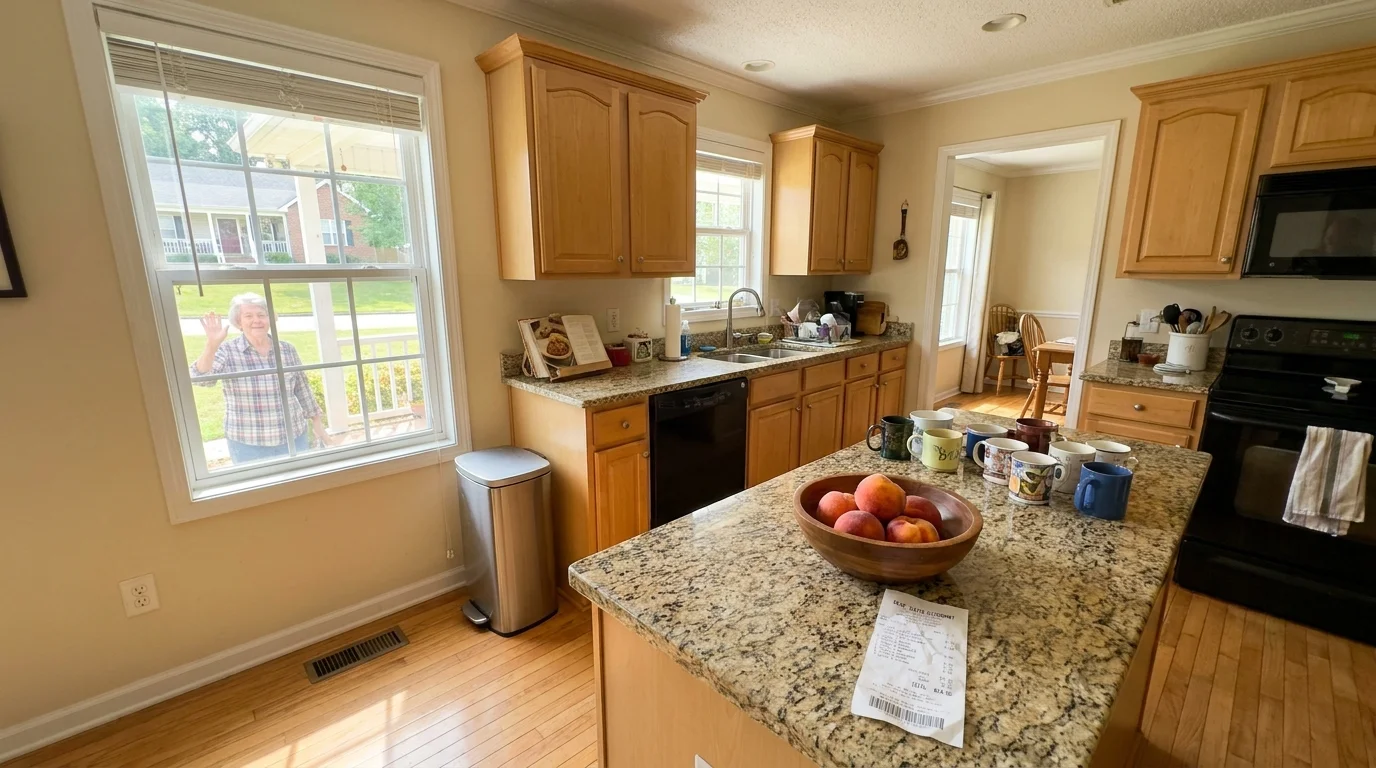 A bright, modern kitchen in Alabama with fresh produce, representing the state's low cost of living.