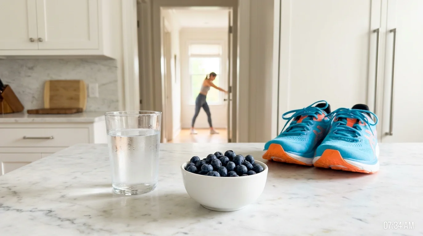 A bright photo of a healthy breakfast of blueberries and water next to a pair of running shoes on a sunlit counter.