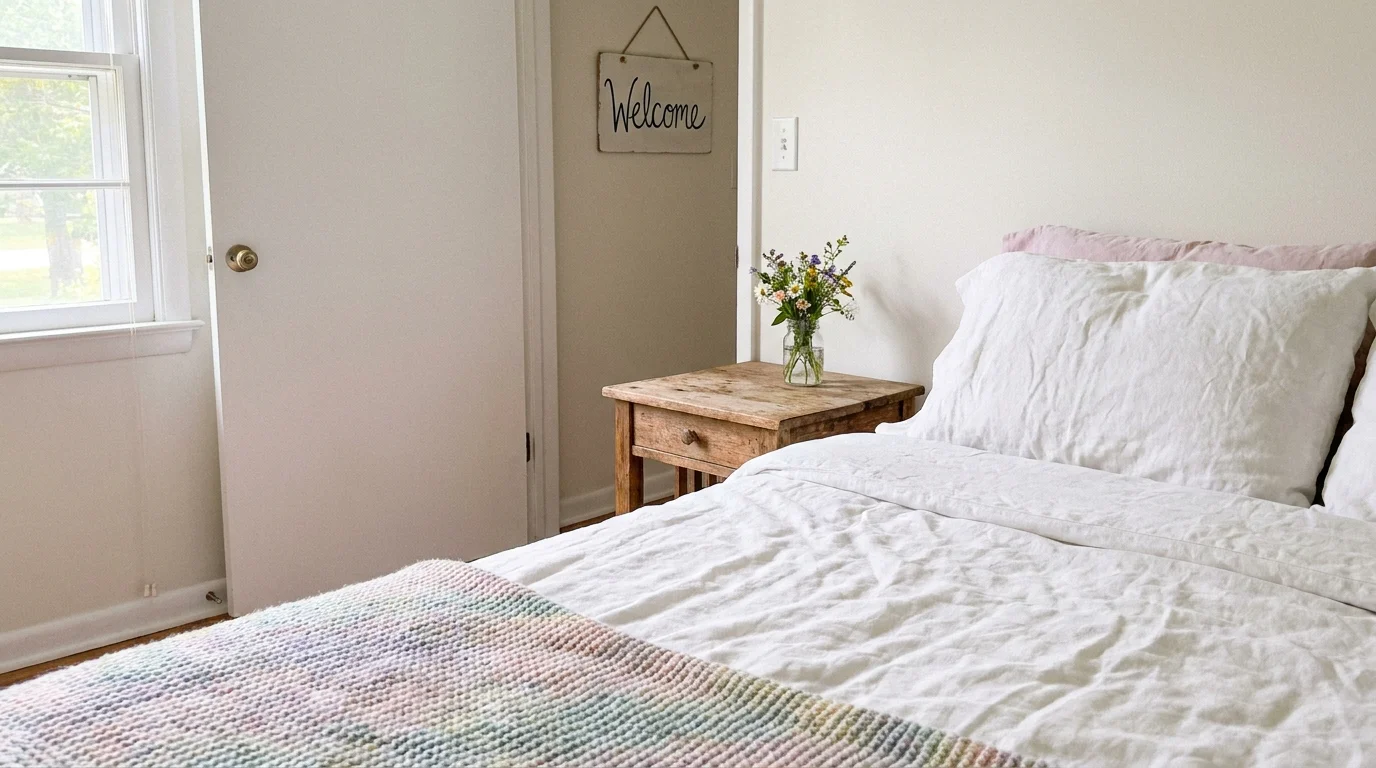 A brightly lit, clean spare bedroom prepared for a guest, representing rental income potential.