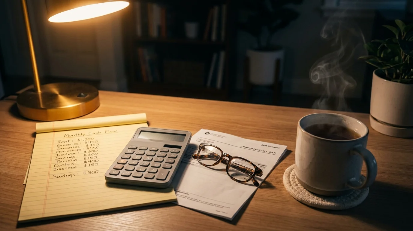 A calculator and a handwritten 'Monthly Cash Flow' list on a desk under a warm lamp, representing financial planning.