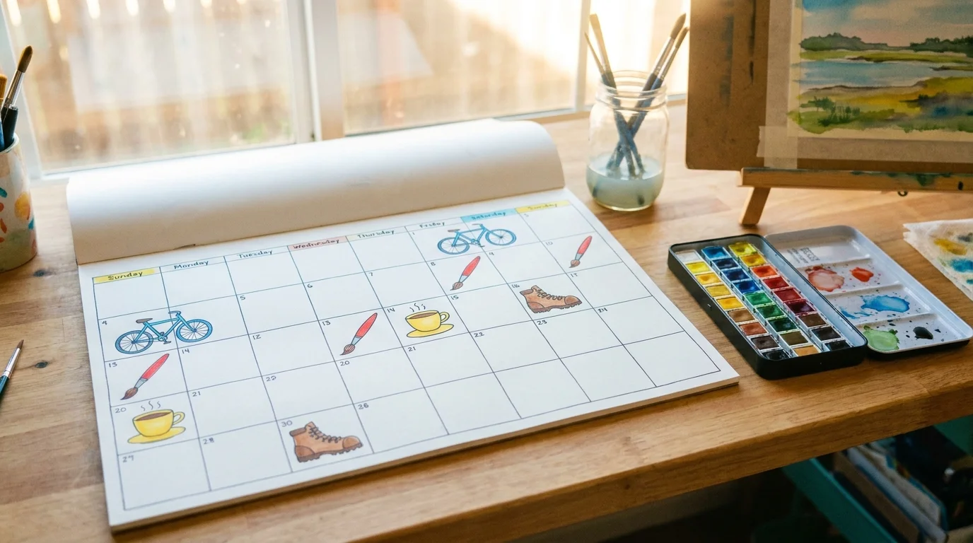 A calendar filled with hobby icons next to watercolor paints, symbolizing the intentional design of a new daily routine.