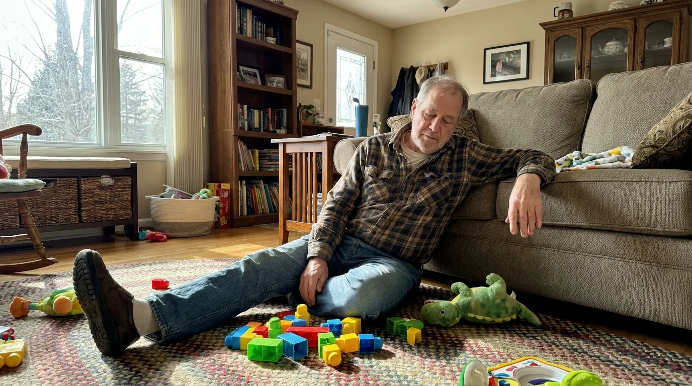 A candid photo of a grandfather resting on the floor surrounded by his grandchildren's scattered toys.