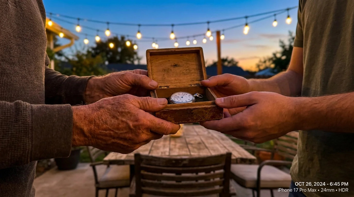 A candid photo of a senior man passing an heirloom box to his son in a garden, symbolizing the transfer of a family legacy.
