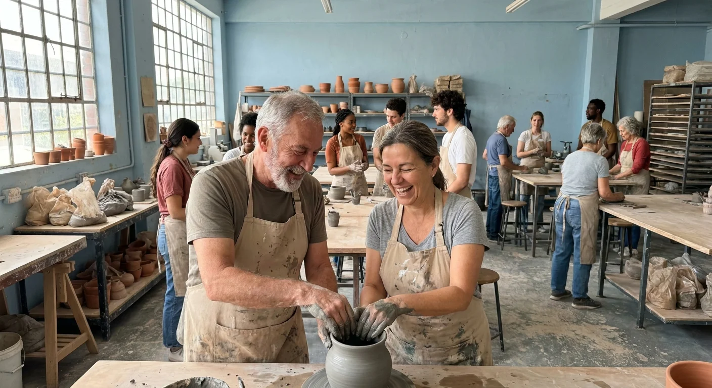 A candid photo of seniors laughing during a pottery class, illustrating the process of building a new social circle.