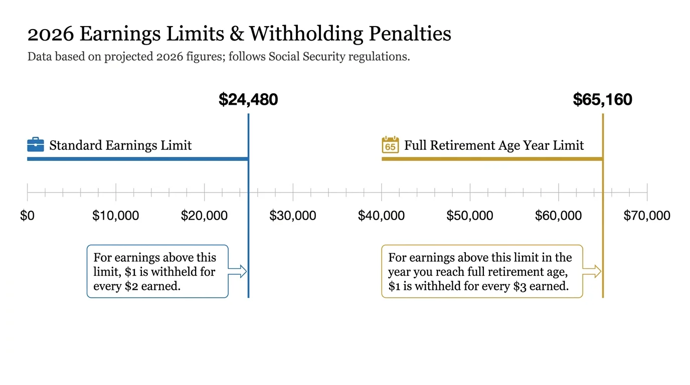 A chart showing the 24,480 dollar and 65,160 dollar Social Security earnings limits for 2026.