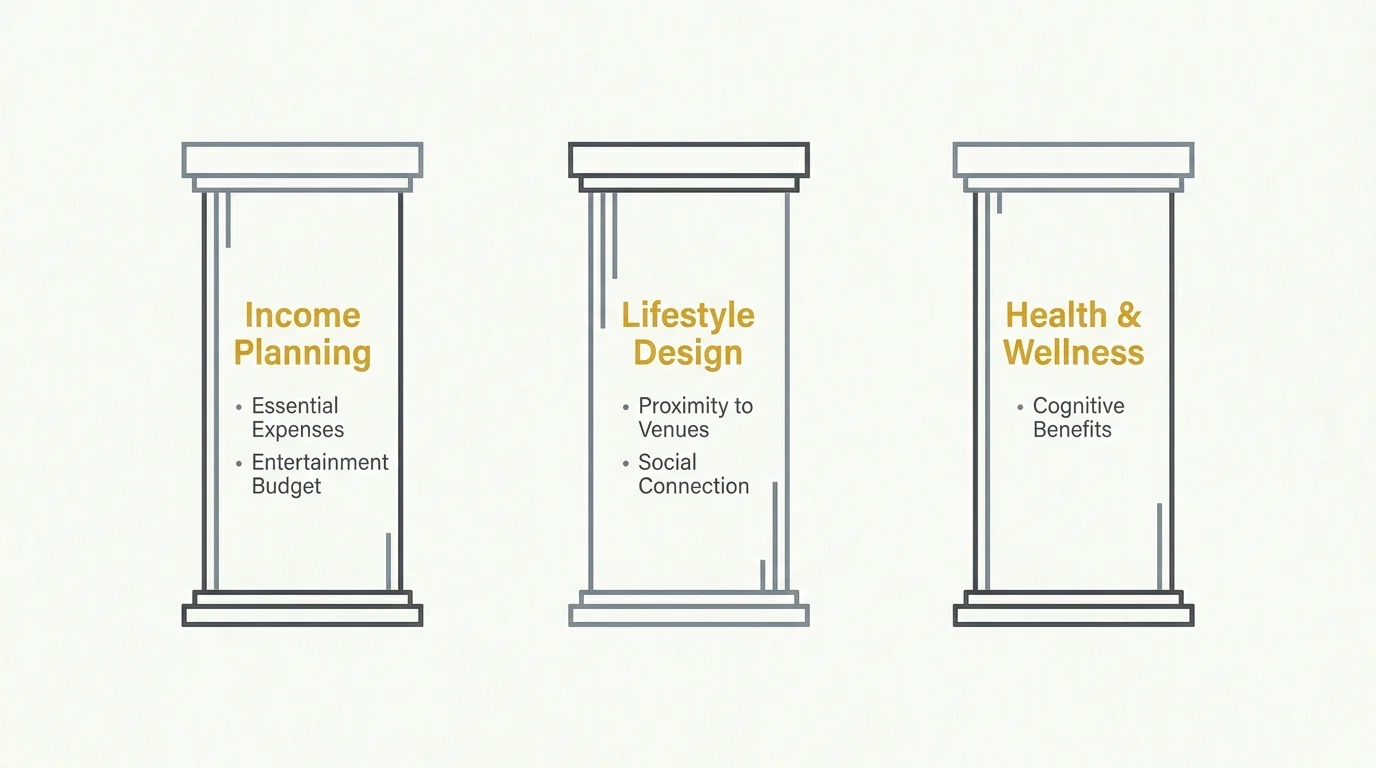 A clean architectural diagram showing three pillars labeled Income Planning, Lifestyle Design, and Health & Wellness.