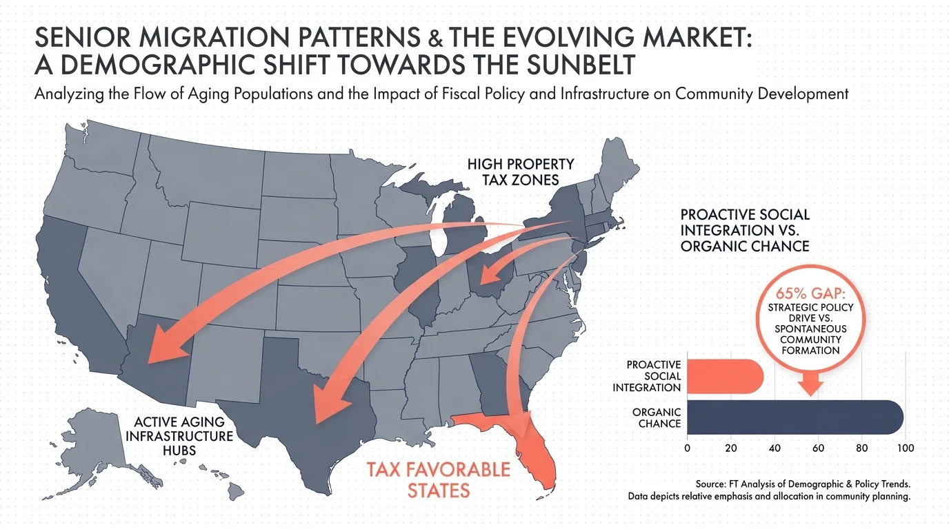 A clean data visualization map showing senior migration patterns from high-tax states to active aging hubs across the United States.