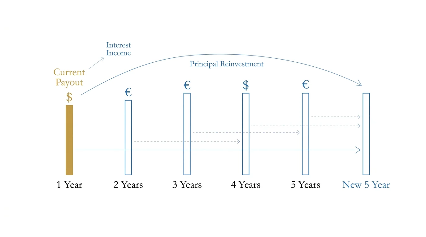 A clean diagram showing a bond ladder with maturity dates from 1 to 5 years, illustrating a cycle of reinvestment.