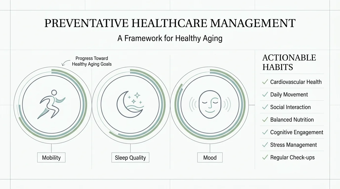 A clean health-tracking infographic with labels for Mobility, Sleep Quality, and Cardiovascular Health.