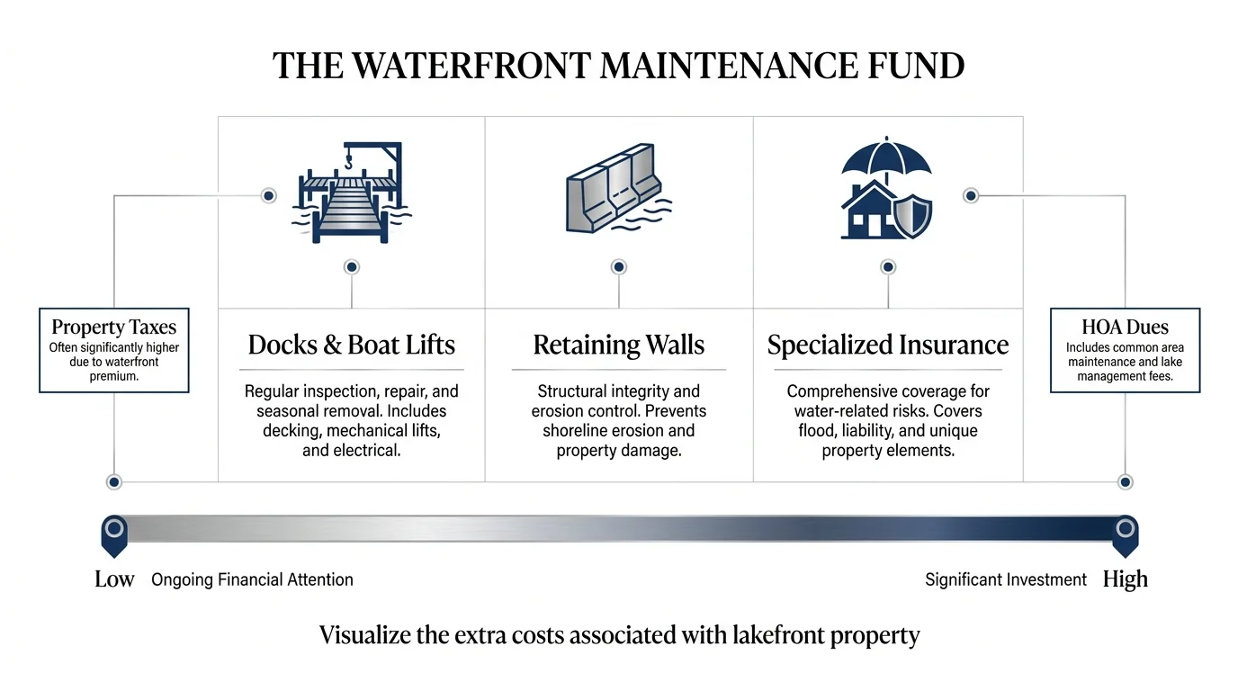 A clean infographic detailing the specific maintenance and financial considerations of owning waterfront property.