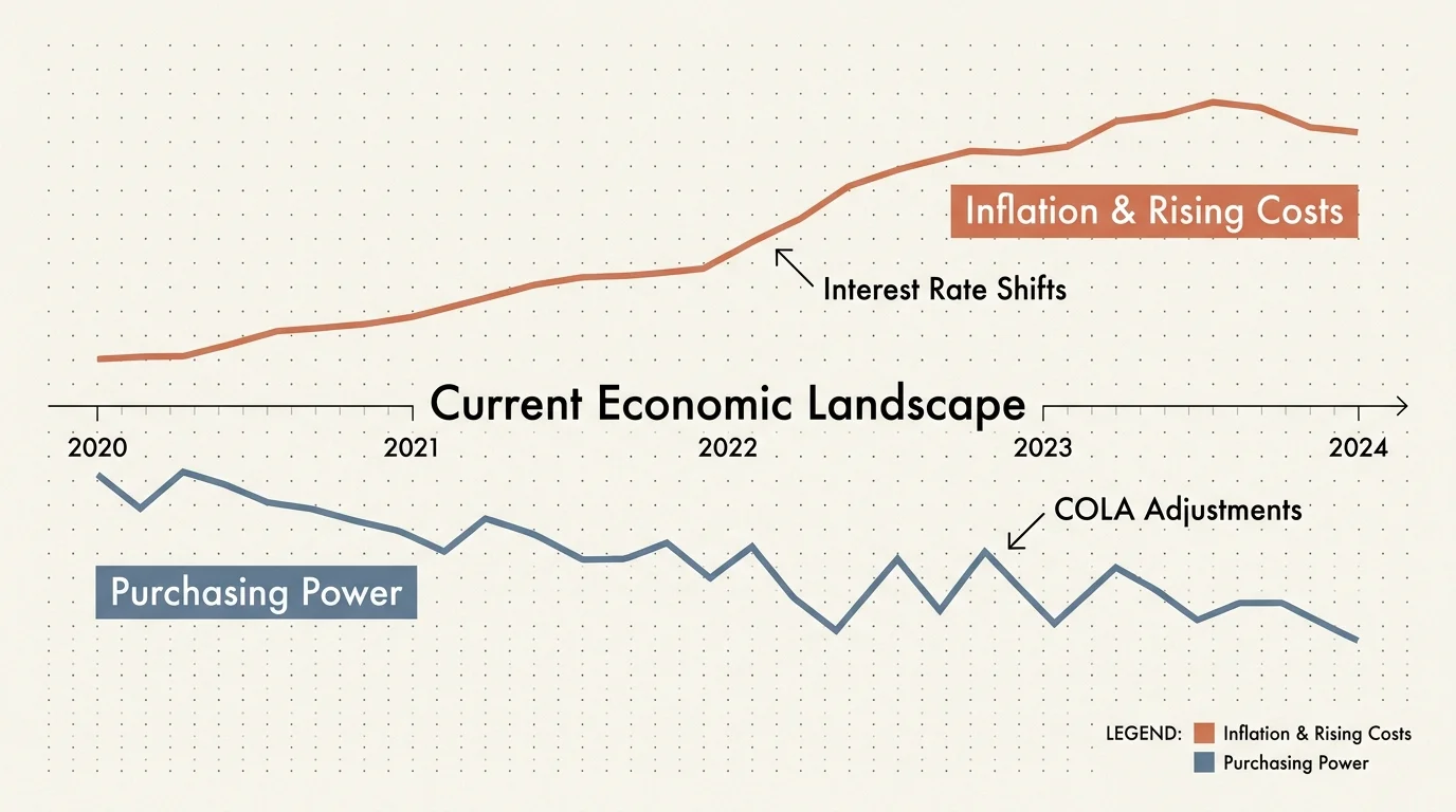 A clean infographic diagram showing the relationship between rising inflation and retiree purchasing power.