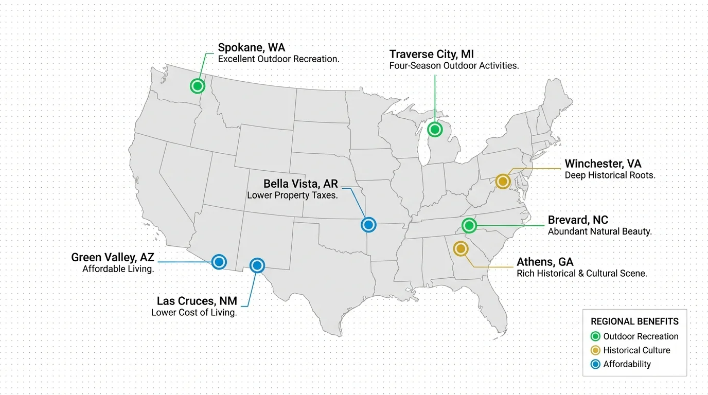 A clean infographic map of the United States highlighting eight hidden retirement destinations with descriptive labels.