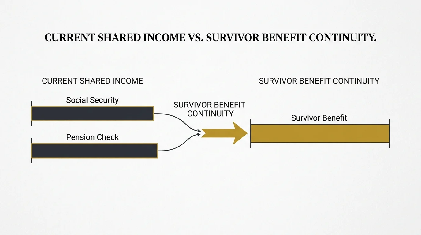 A clear comparison diagram showing how Social Security and Pension income transition into a survivor benefit.
