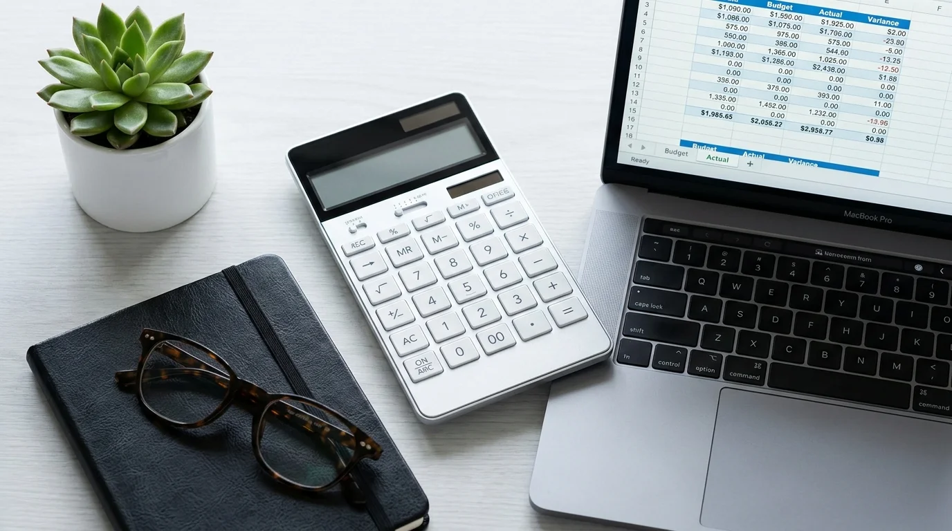 A close-up of a calculator, glasses, and a spreadsheet, symbolizing virtual bookkeeping services.