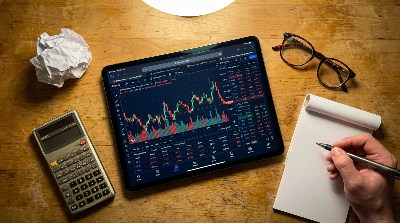 A close-up of a kitchen table with a financial dashboard on a tablet, a calculator, and reading glasses.